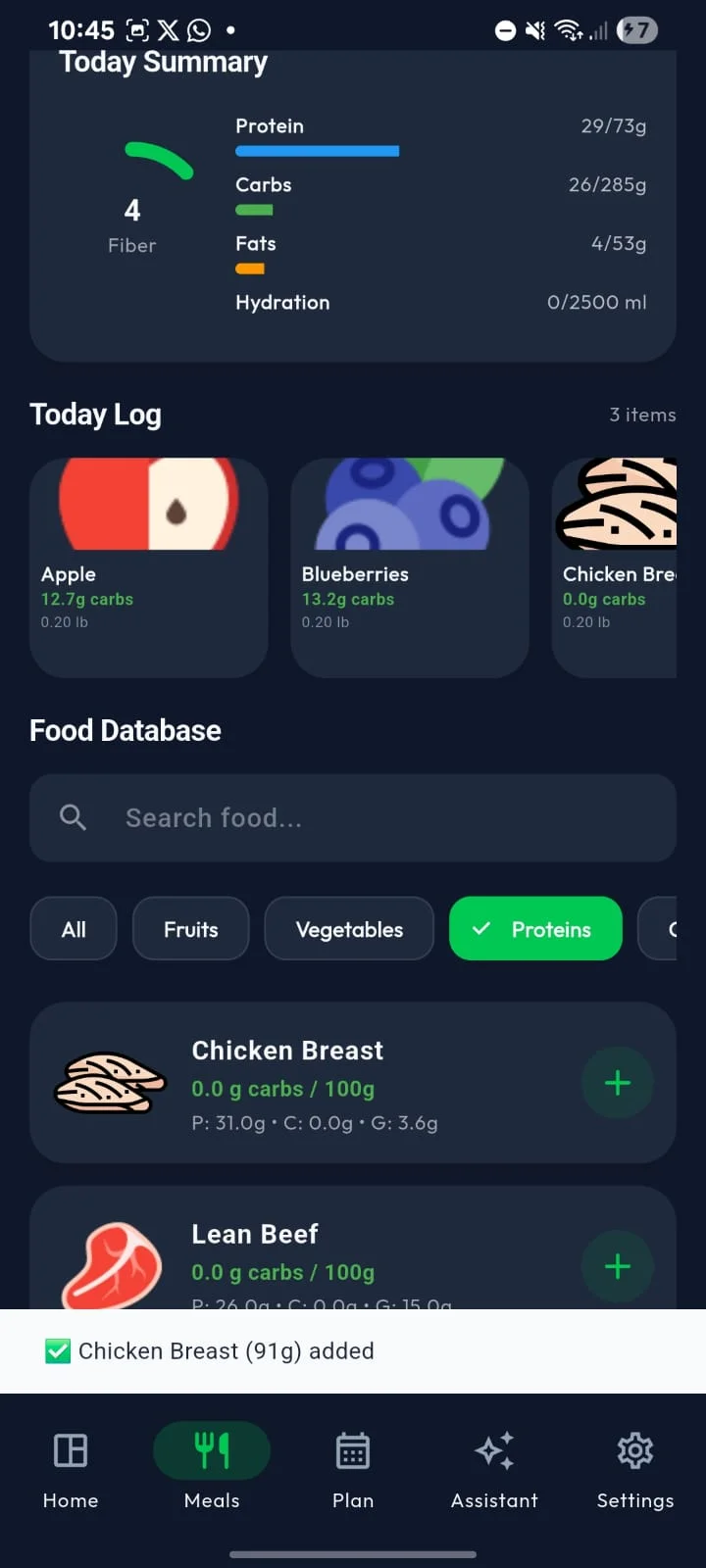 WPN App meals screen
